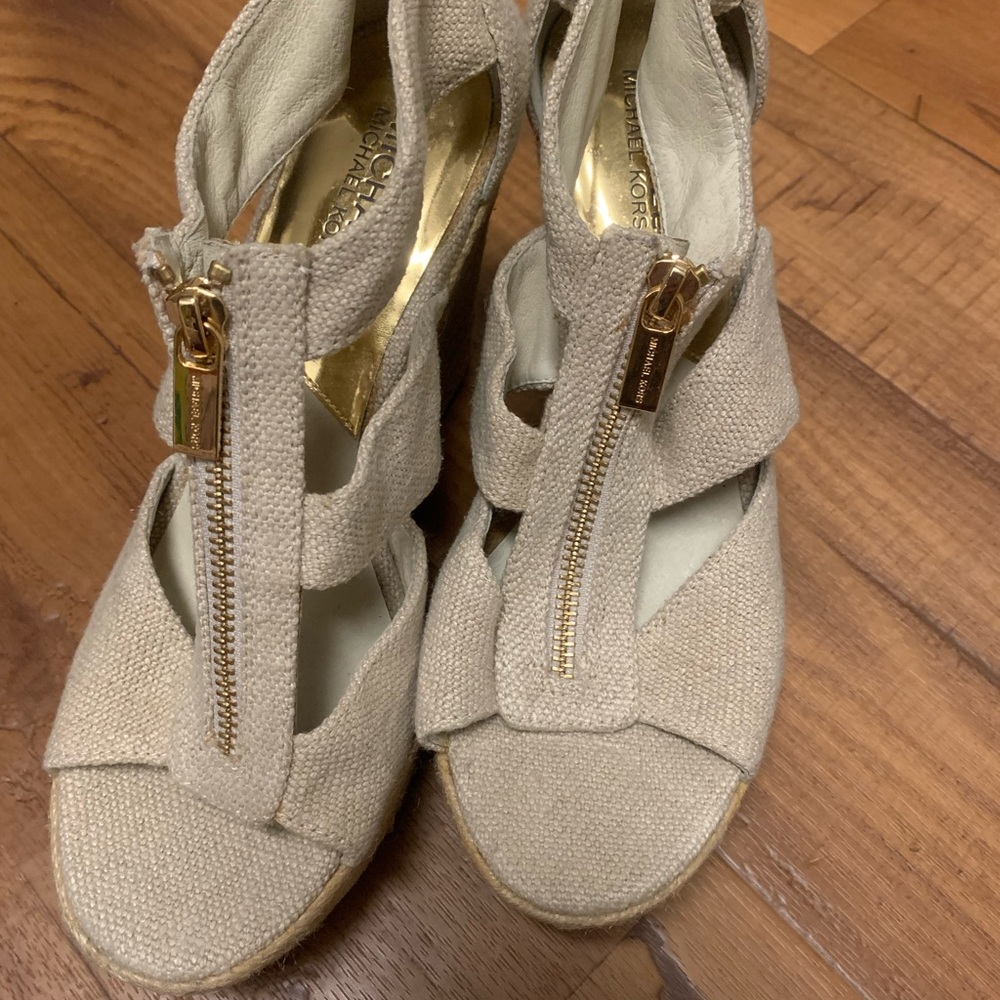 Michael Kors Metallic Beige Natural Canvas Zipper Wedge Espadrille Sandal 6.5